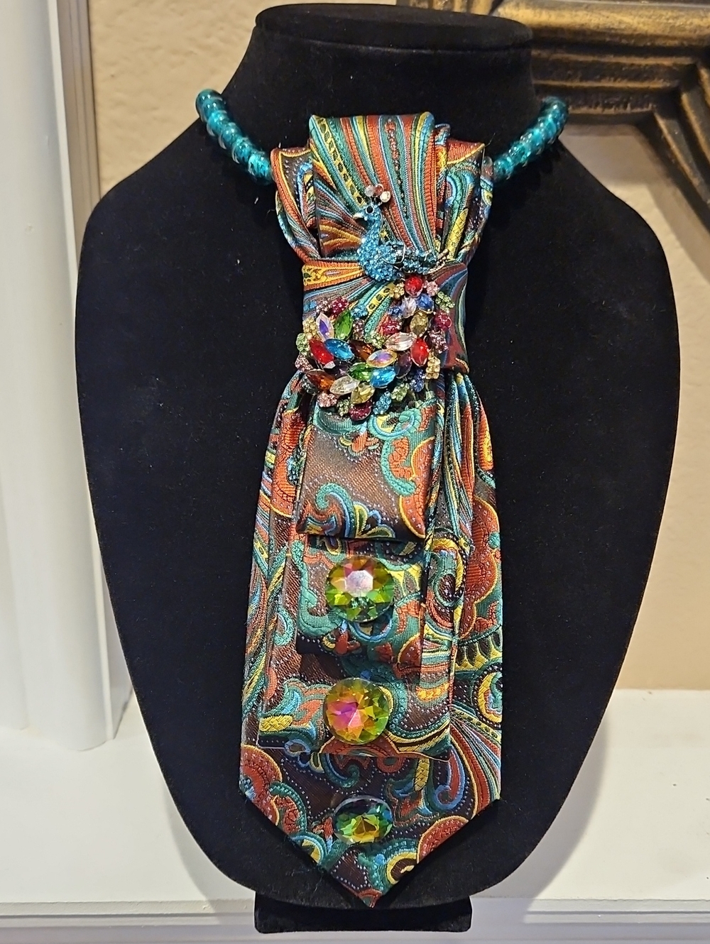 Multicolored Paisley Necktie w/ Jeweled Peacock Pin & Buttons on a Beaded Chain